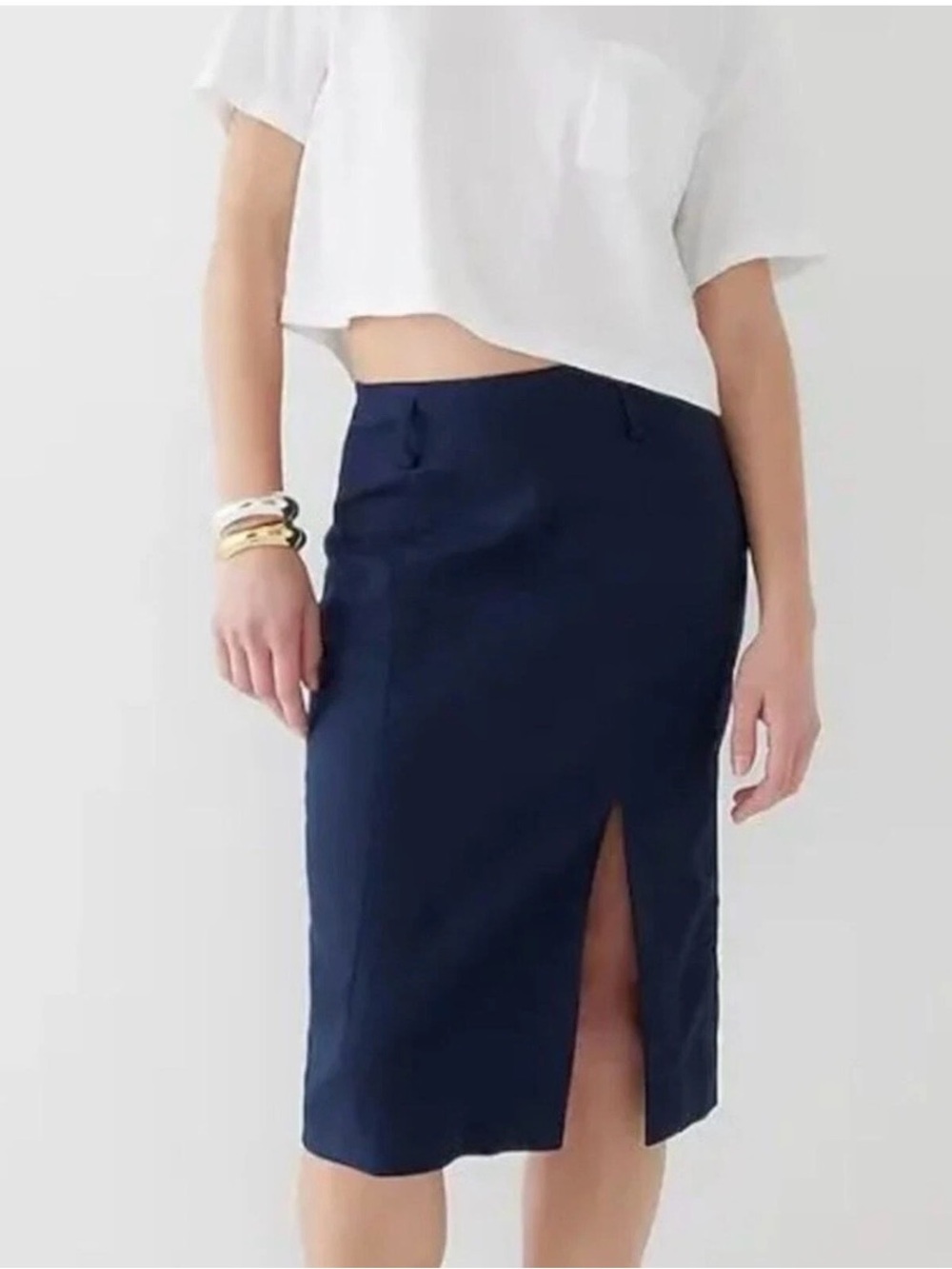 NEW J. Crew Stretch Linen Blend Navy Blue Midi Pencil Skirt